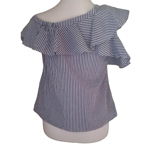 Do+Be Blue White Striped Cotton Ruffle Sleeve Blouse Size Small - Picture 5 of 7